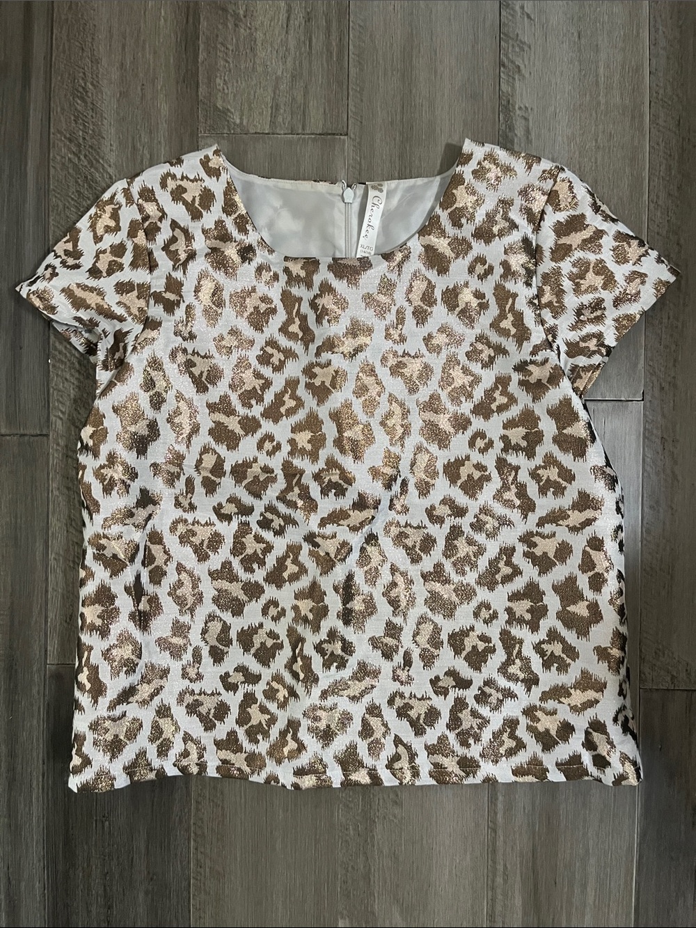 Cherokee Metallic Leopard Short Sleeve Top - White & Brown